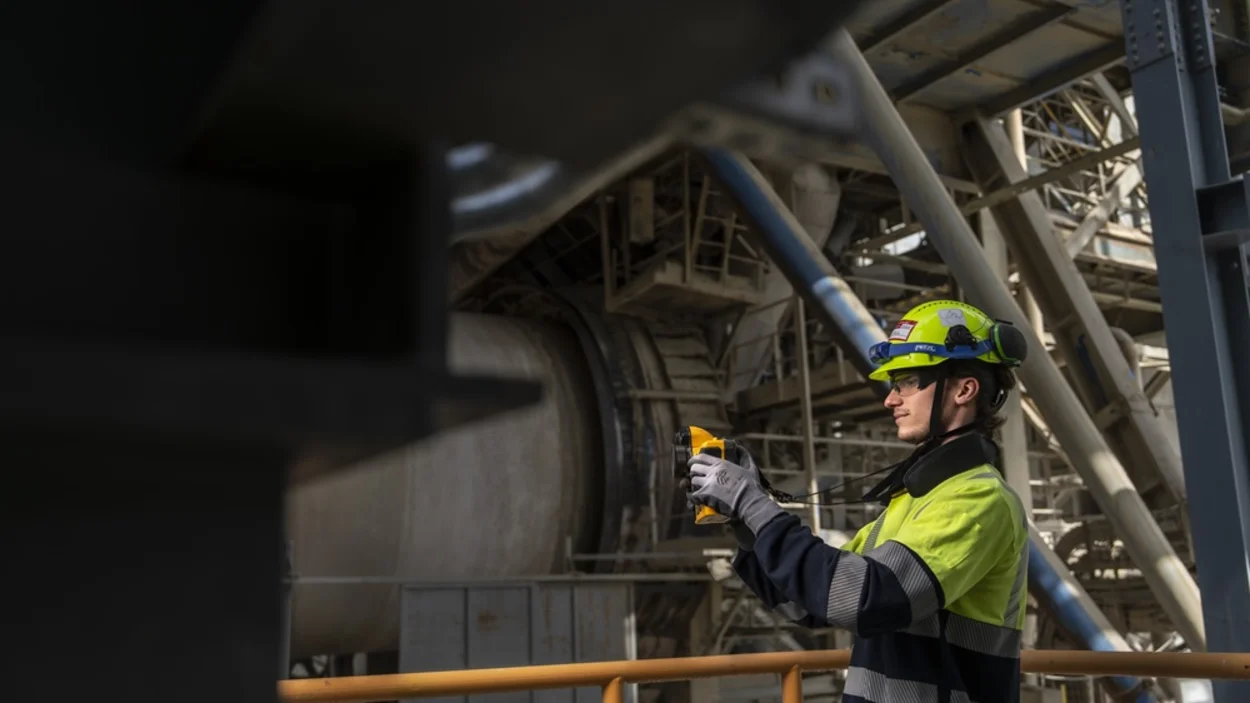 Pracovník Holcim měří teplotu technologického zařízení v čížkovické cementárně