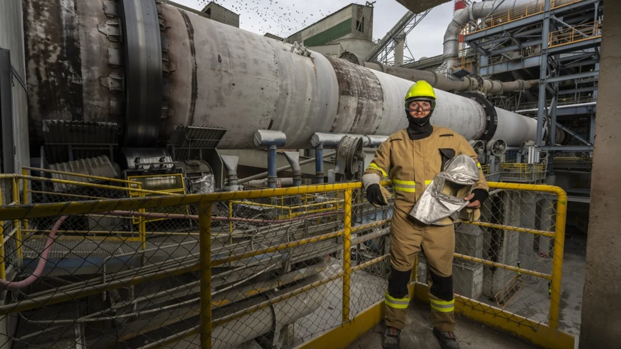 Pracovník v žáruvzdorném obleku u rotační pece cementárny Holcim v Čížkovicích